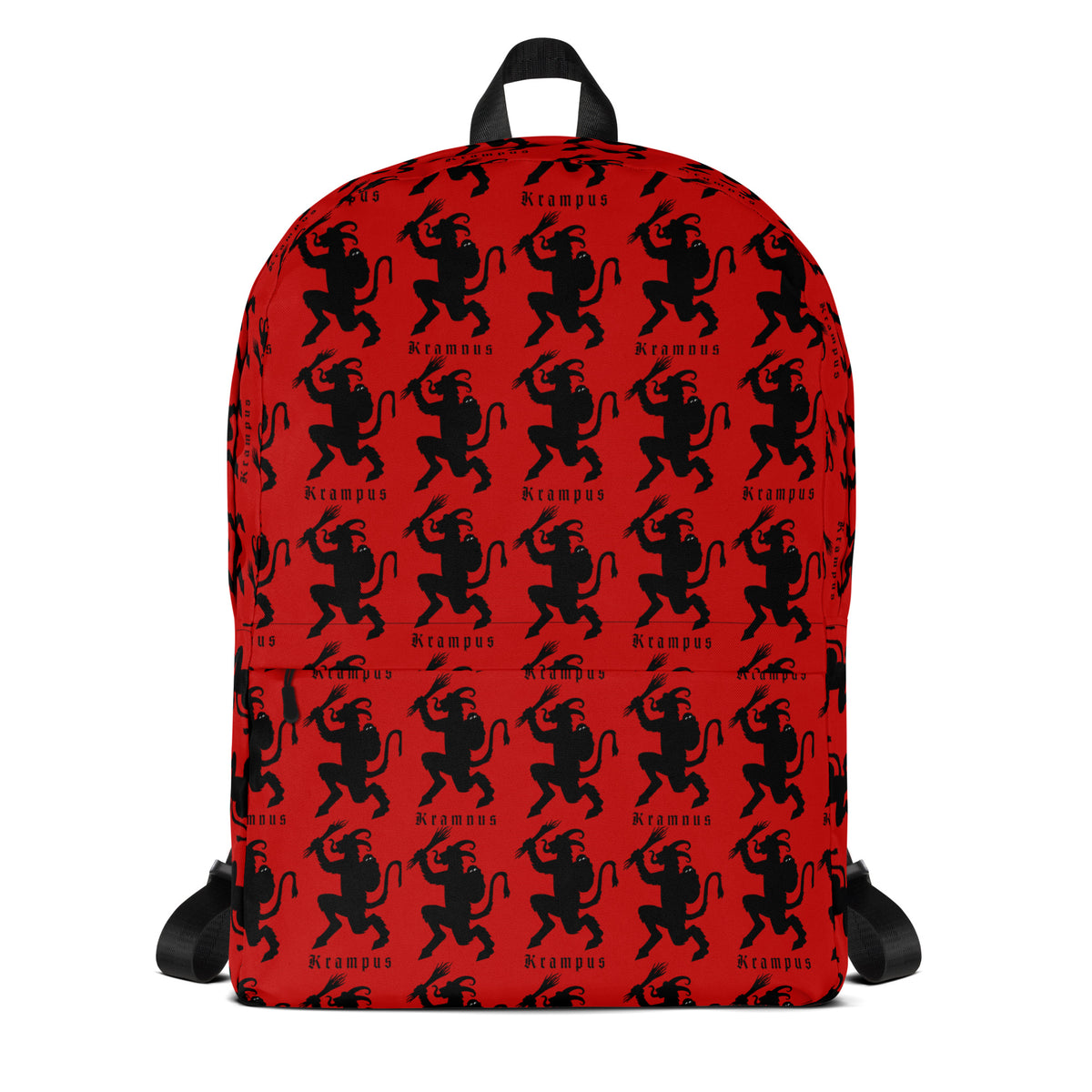 Red Krampus artwork on unisex backpack, front view