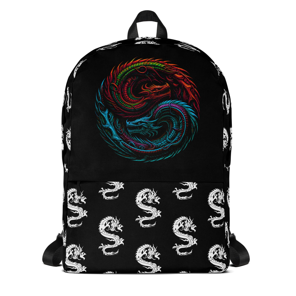Yin Yang Dragons artwork on unisex backpack, front view