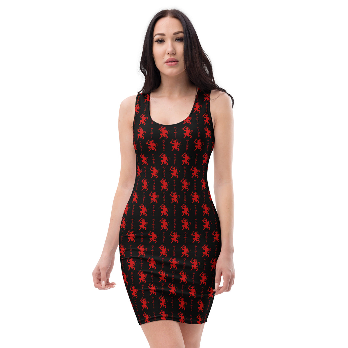 Black Krampus pattern on women's bodycon dress, front view