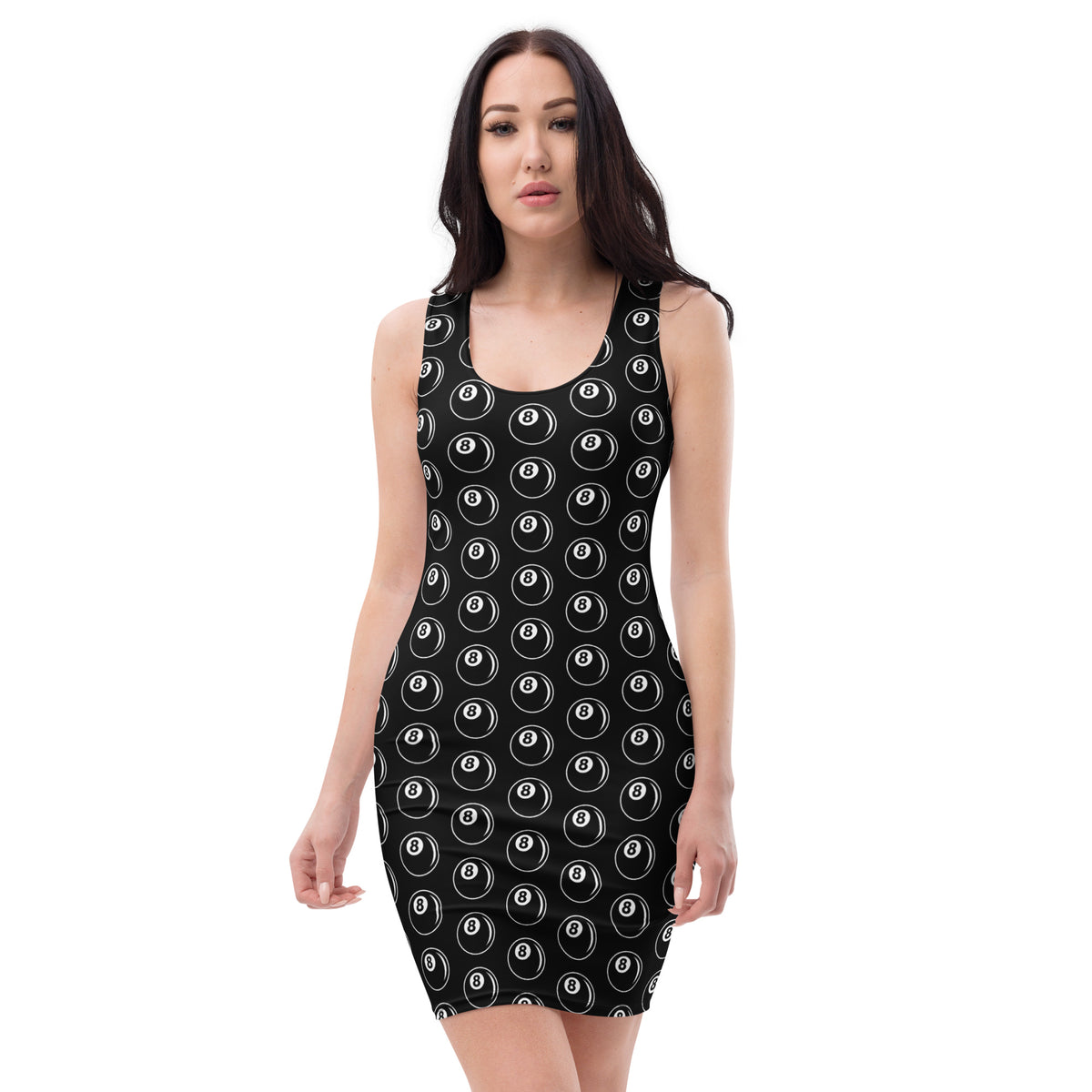 8 Ball Billiards pattern on women's bodycon dress, front view