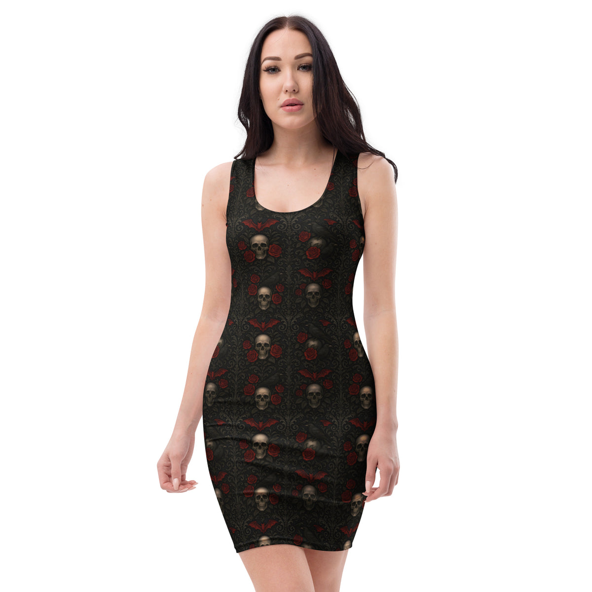 Skulls Bats Roses & Ravens pattern on women's bodycon dress, front view