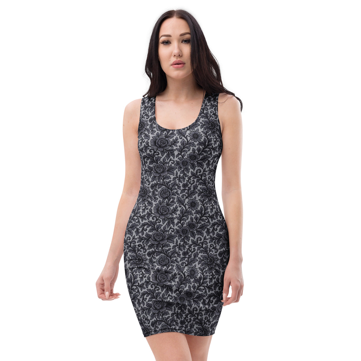 Black Rose Lace pattern on women's bodycon dress, front view