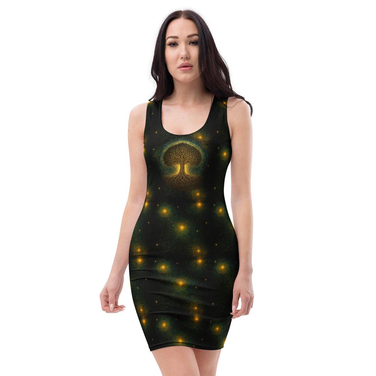 Tree of Life pattern on women's bodycon dress, front view