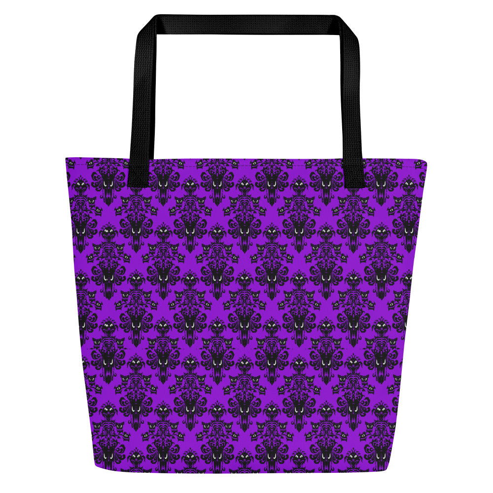 Purple Haunted Mansion artwork on unisex tote bag, front view