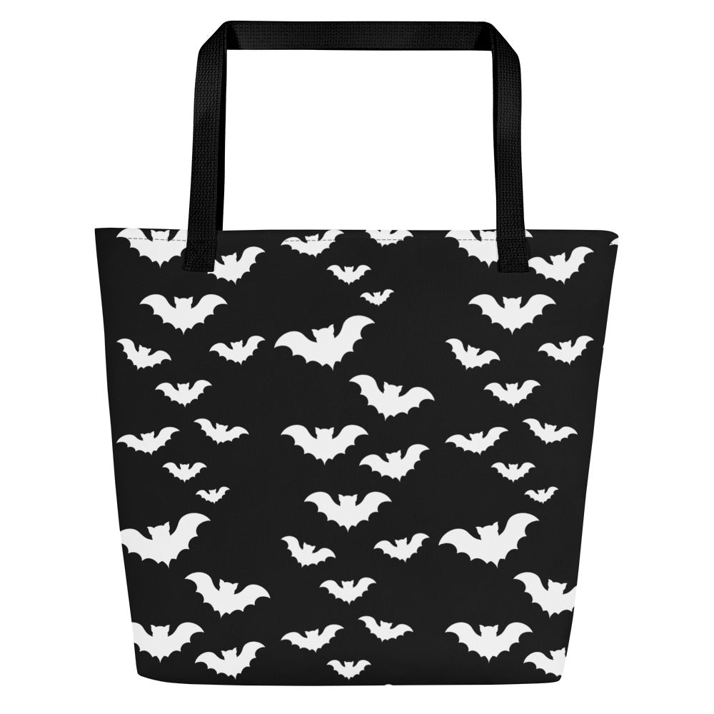 Flying Vampire Bats artwork on unisex tote bag, front view