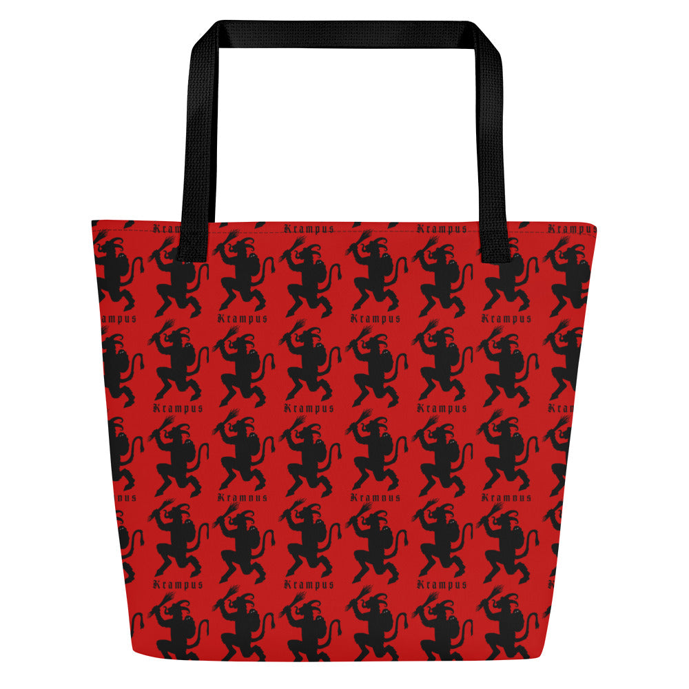 Red Krampus artwork on unisex tote bag, front view