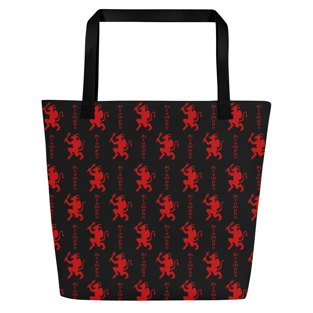 Black Krampus artwork on unisex tote bag, front view