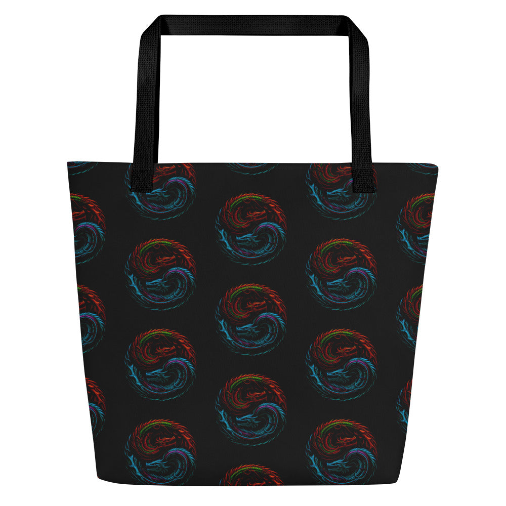 Yin Yang Dragons artwork on unisex tote bag, front view