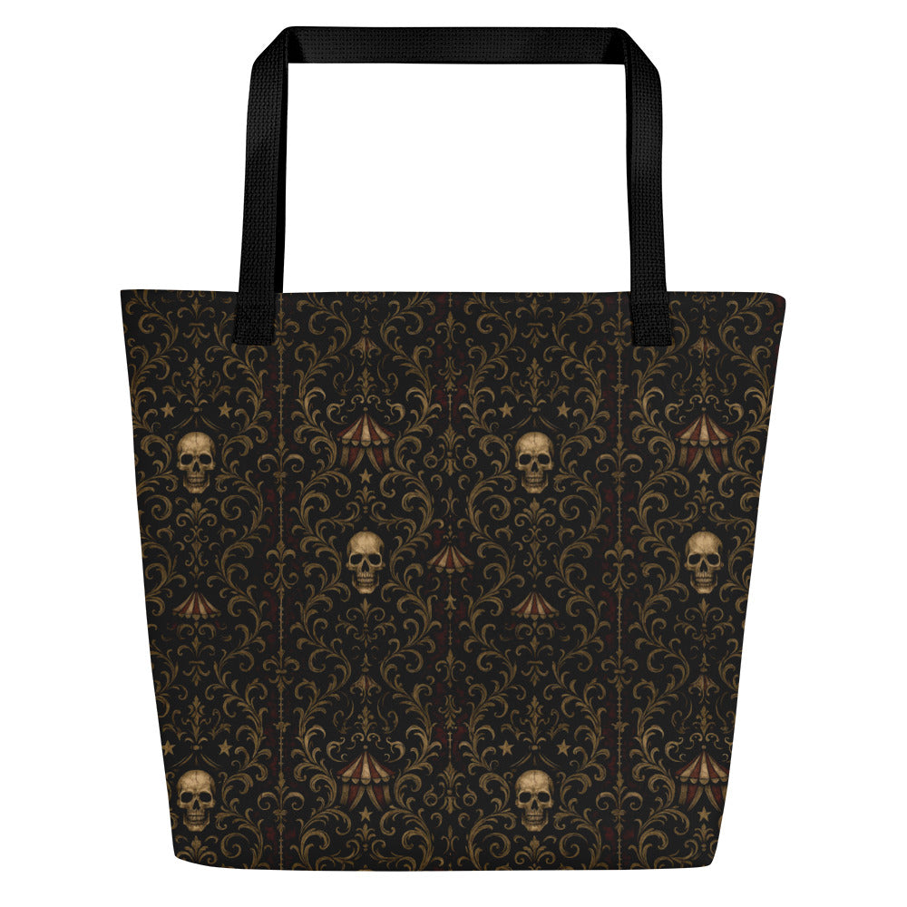 Skull Carnival artwork on unisex tote bag, front view