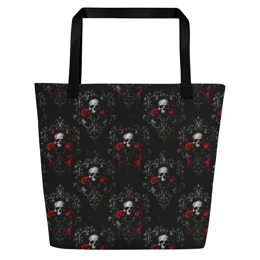 Skulls Roses & Ravens artwork on unisex tote bag, front view