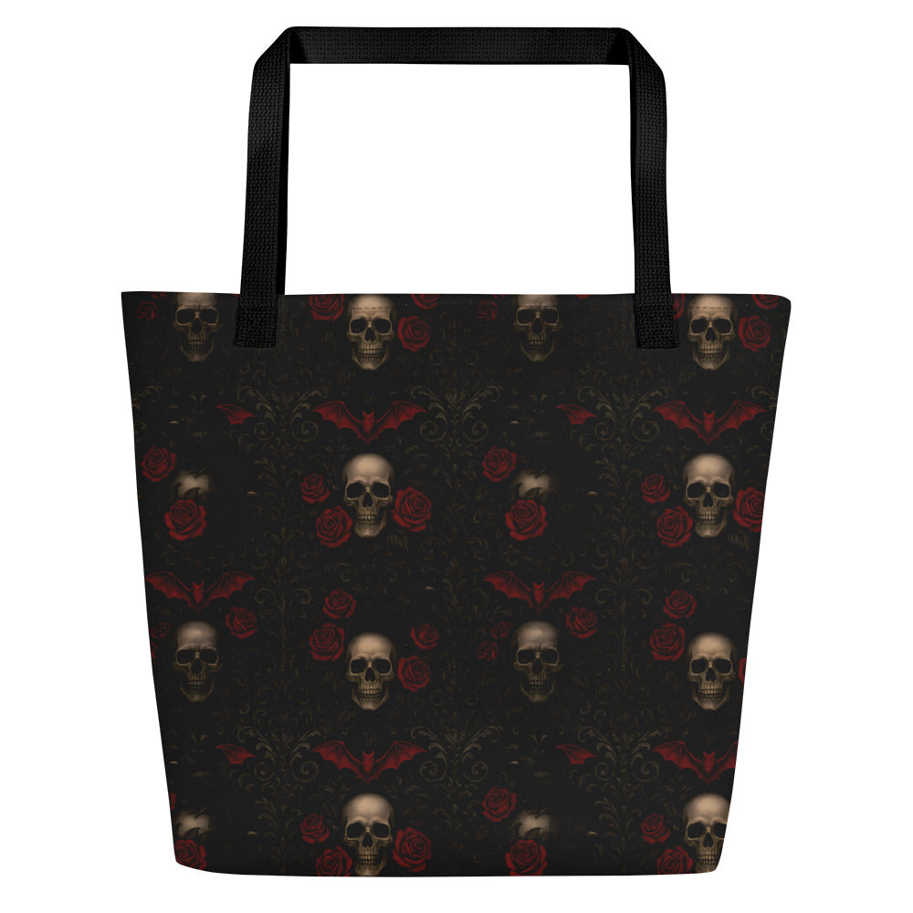 Skulls Bats Roses & Ravens artwork on unisex tote bag, front view
