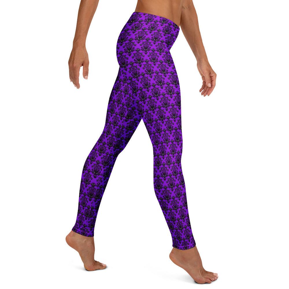 Purple Haunted Mansion pattern on women's leggings, right-side view