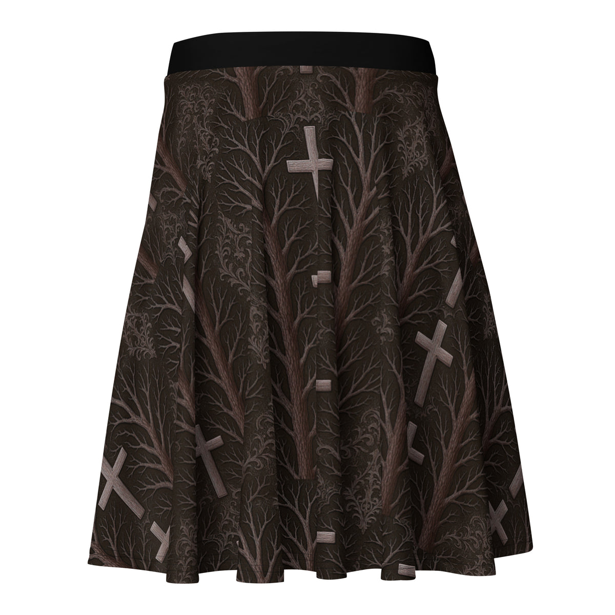Gothic Cross & Dead Trees pattern on women's skater skirt, back view