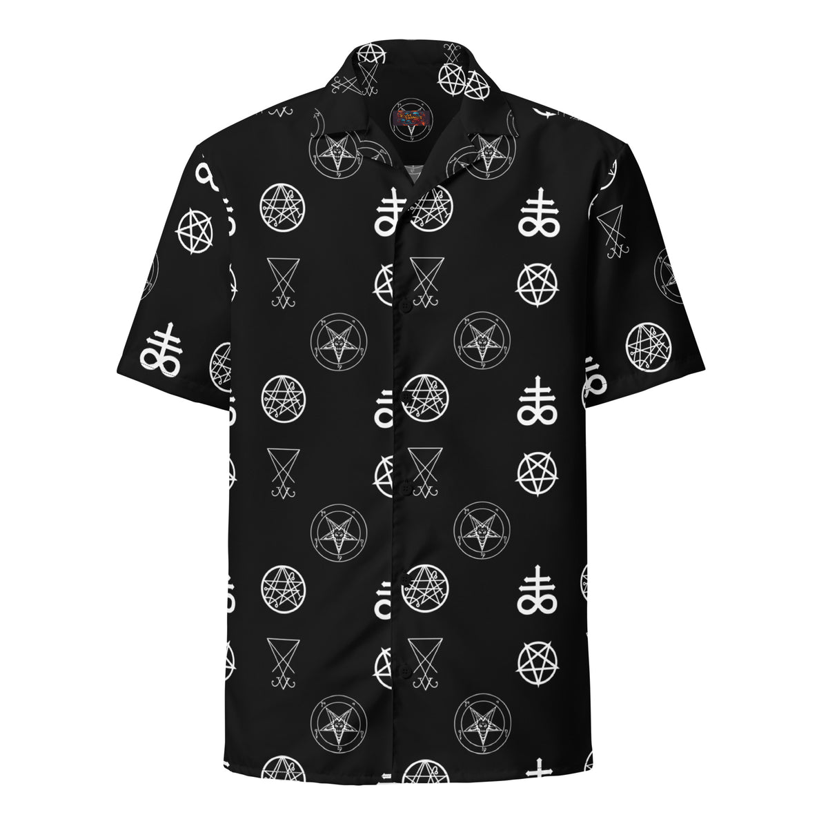 Demonology Occult Symbols patterned button-up shirt, front view