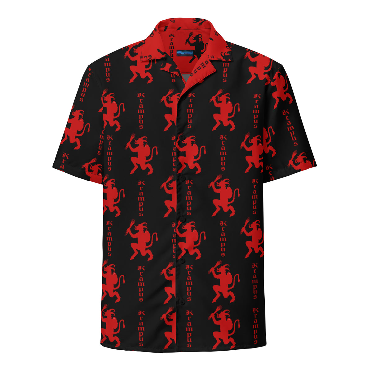 Black Krampus patterned button-up shirt, front view