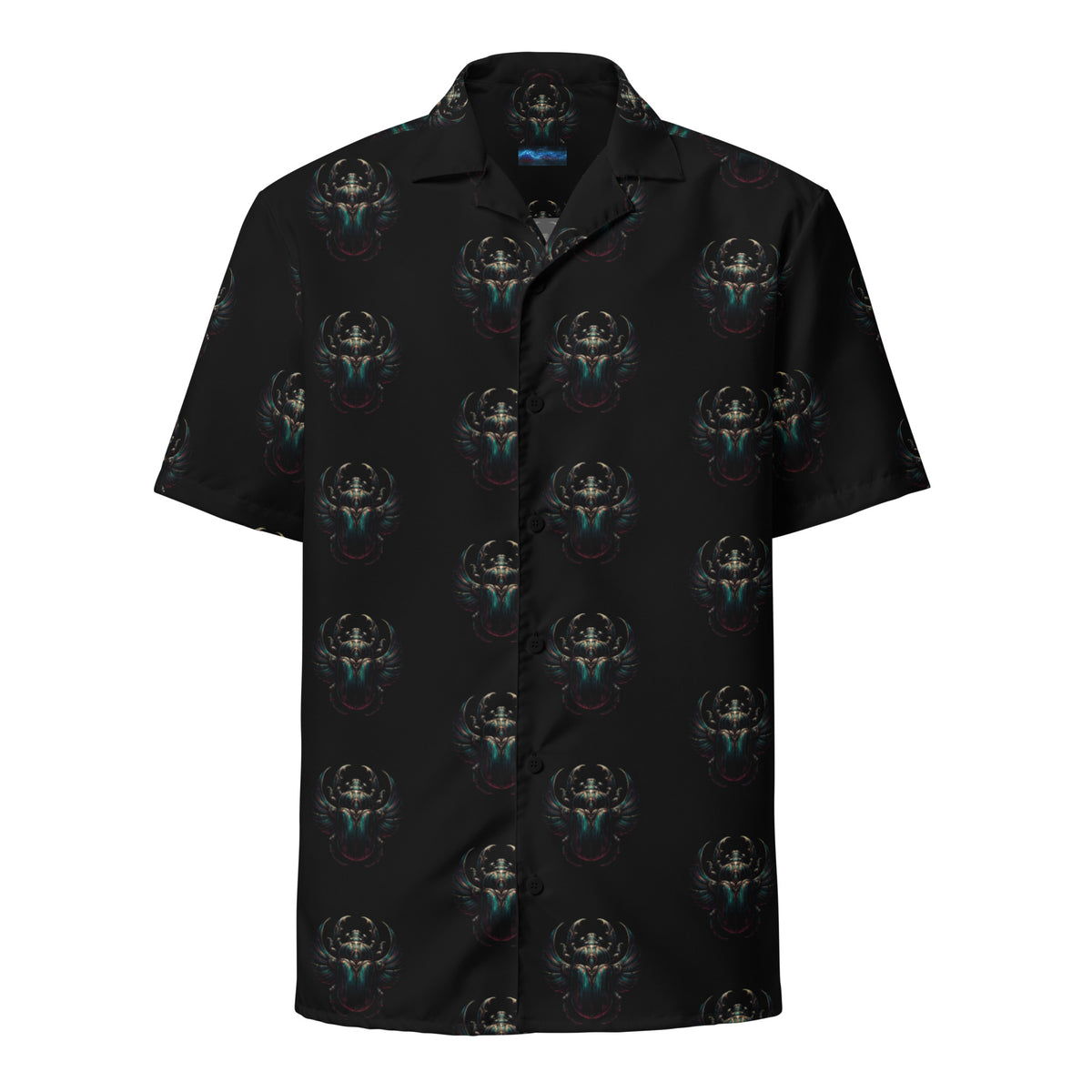 Ancient Egyptian Scarab patterned button-up shirt, front view