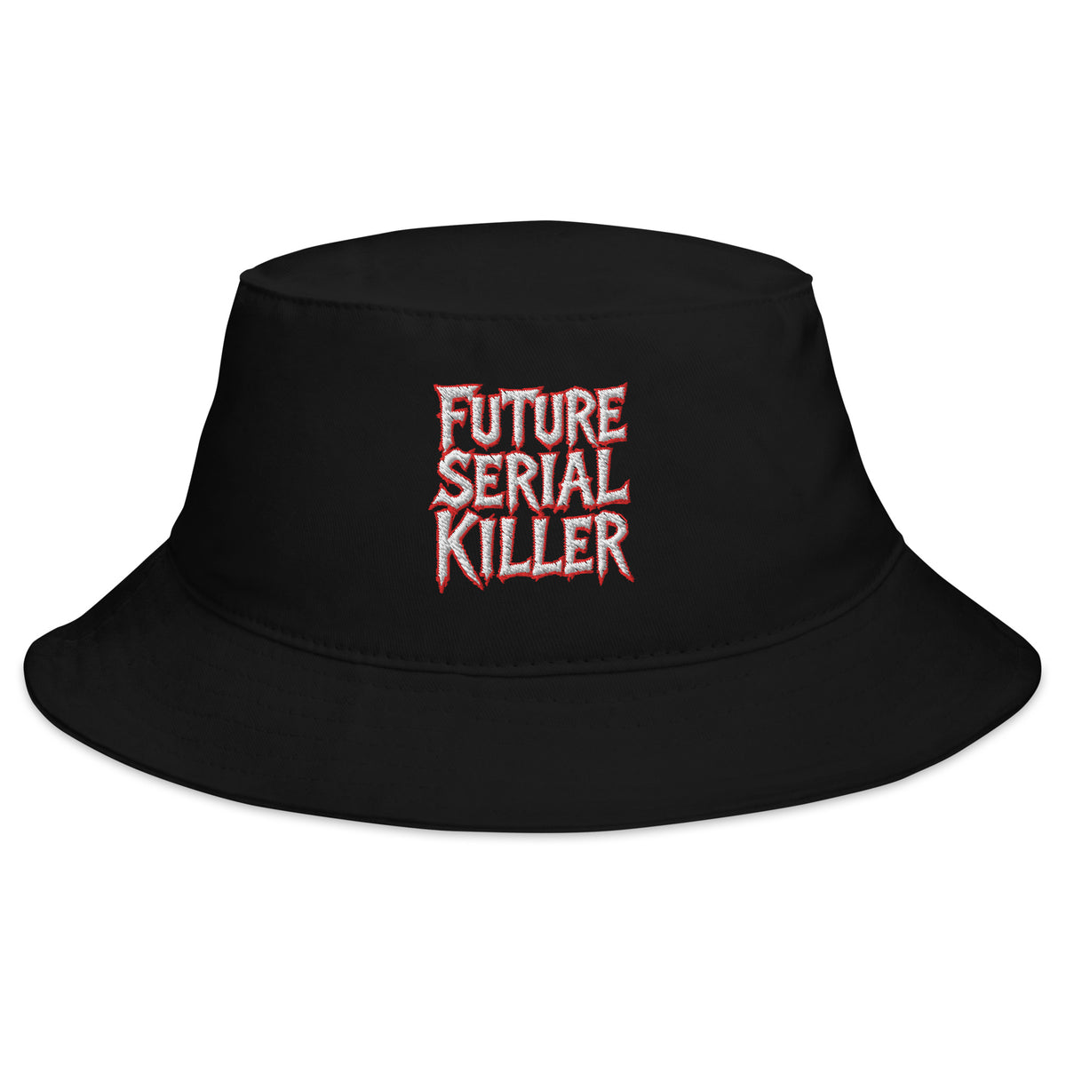Black bucket hat with Future Serial Killer embroidered artwork, front view