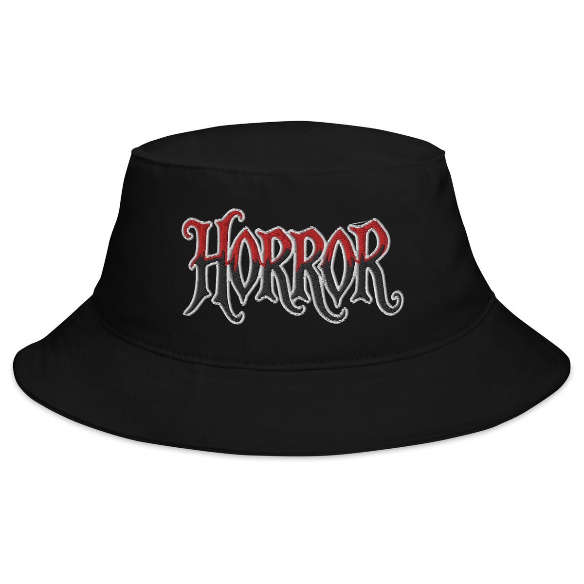 Black bucket hat with HORROR True Crime embroidered artwork, front view