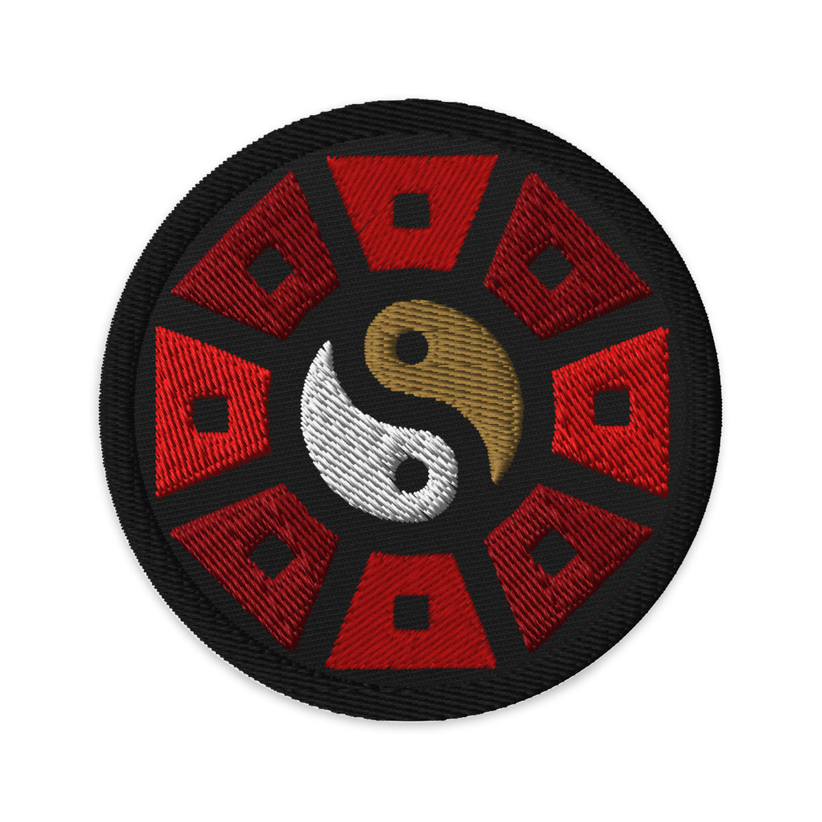 Circular embroidered patch featuring Yin Yang Chinese Wheel, front view