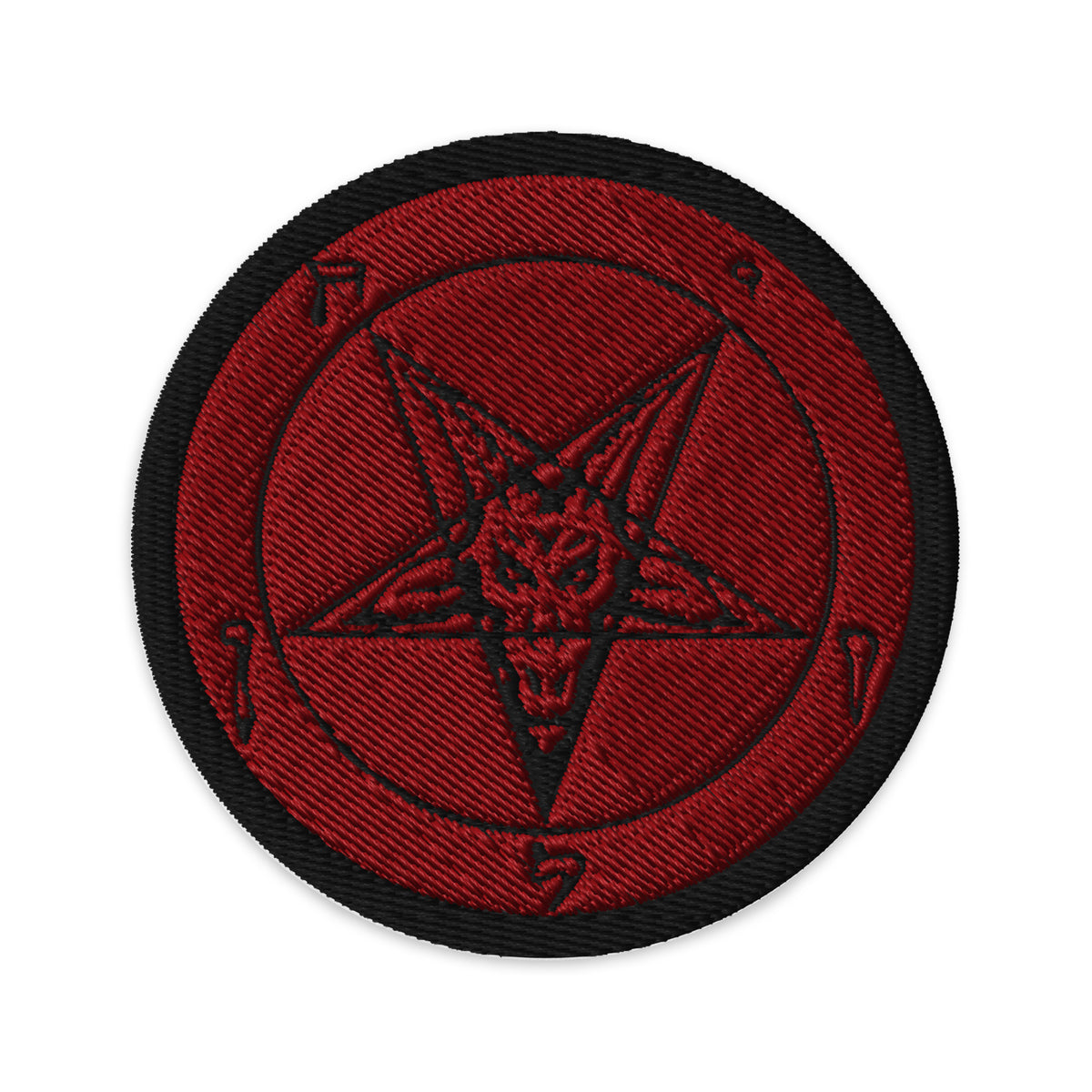 Circular embroidered patch featuring Red Baphomet Sigil, front view