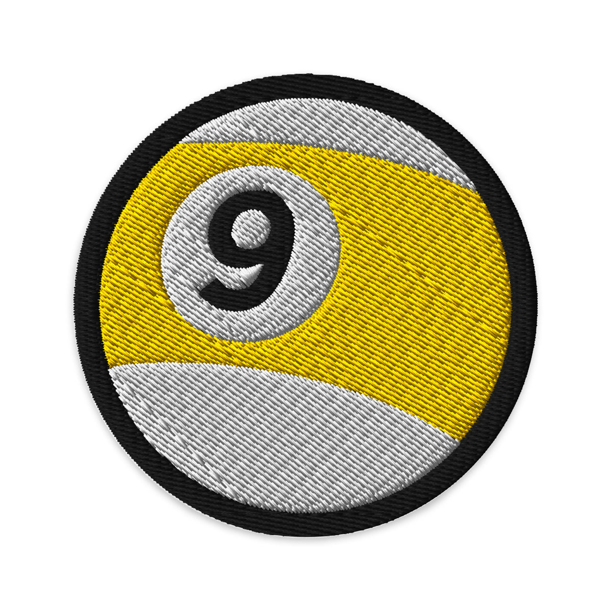 Circular embroidered patch featuring 9 Ball Billiards Embroidered, front view