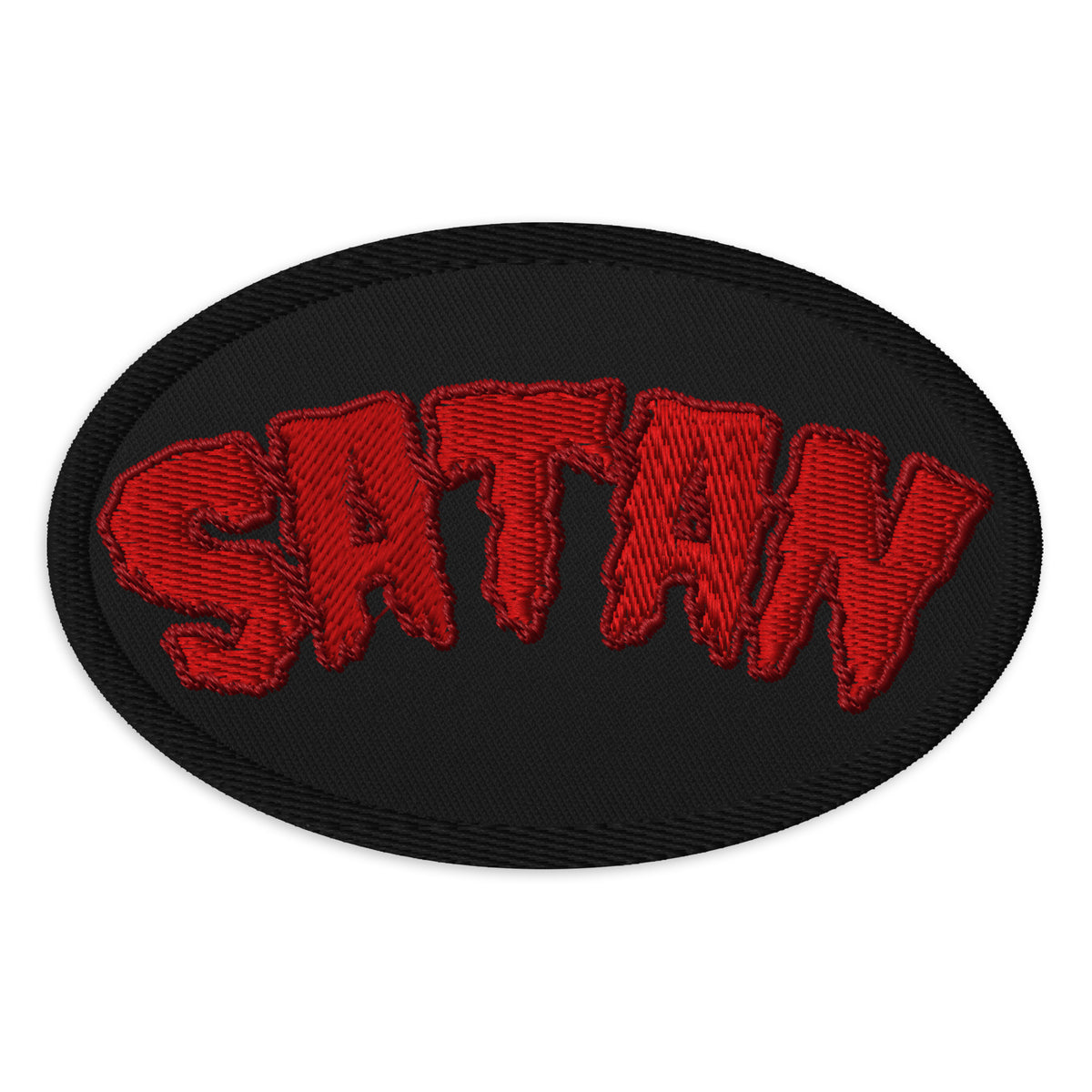 Oval embroidered patch featuring Satan Blood Drip, front view