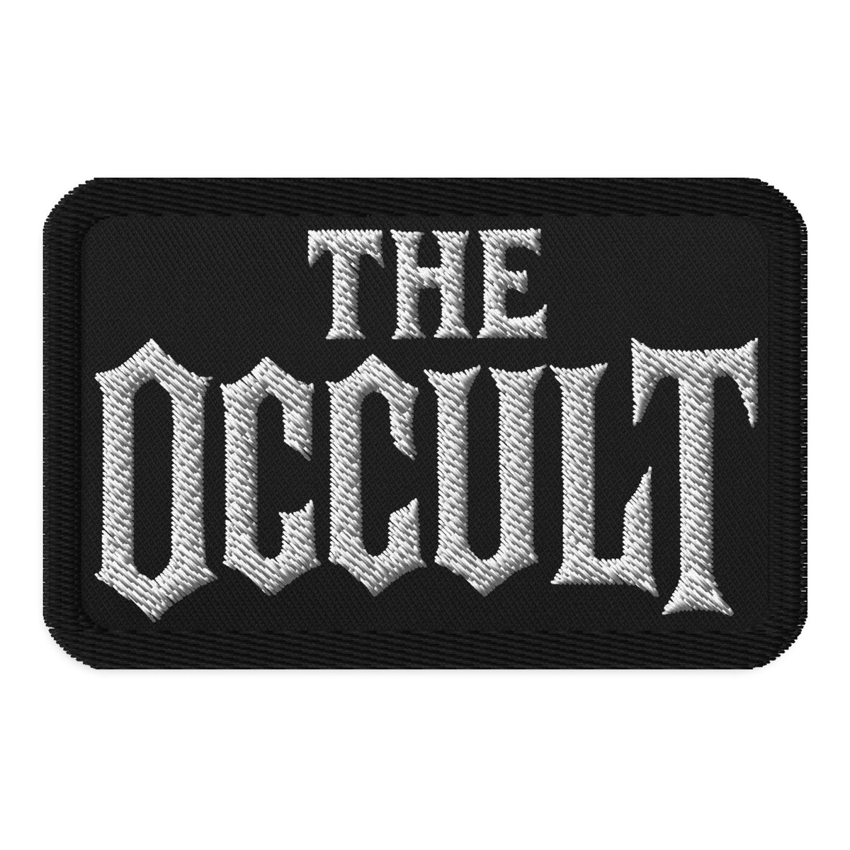 Rectangle embroidered patch featuring The Occult White Supernatural Iron-On, front view