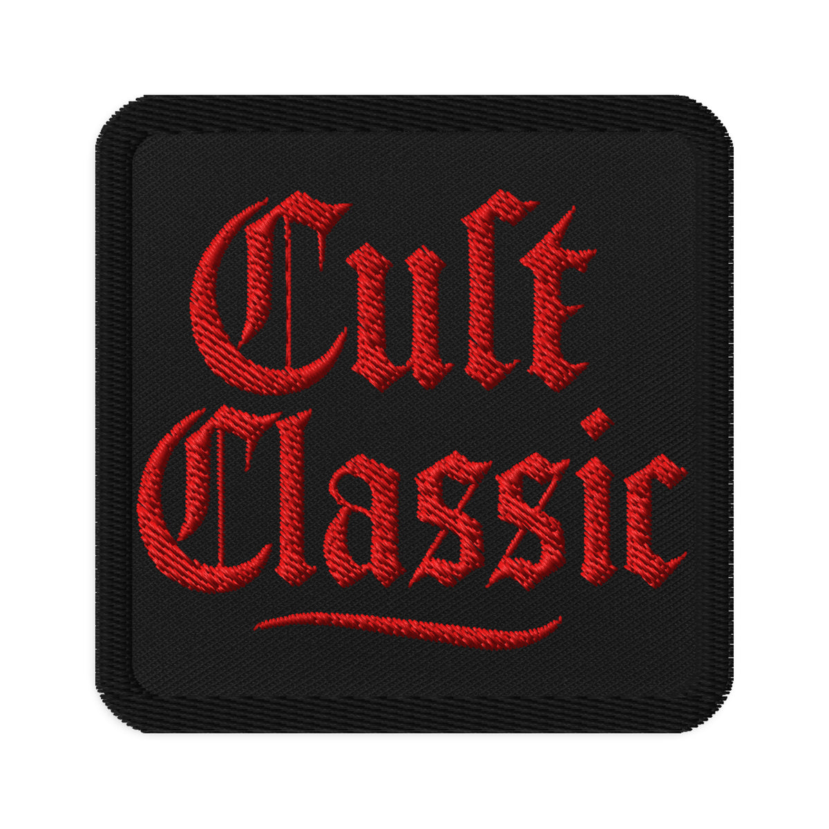 Square embroidered patch featuring Cult Classic Red Gen X, front view