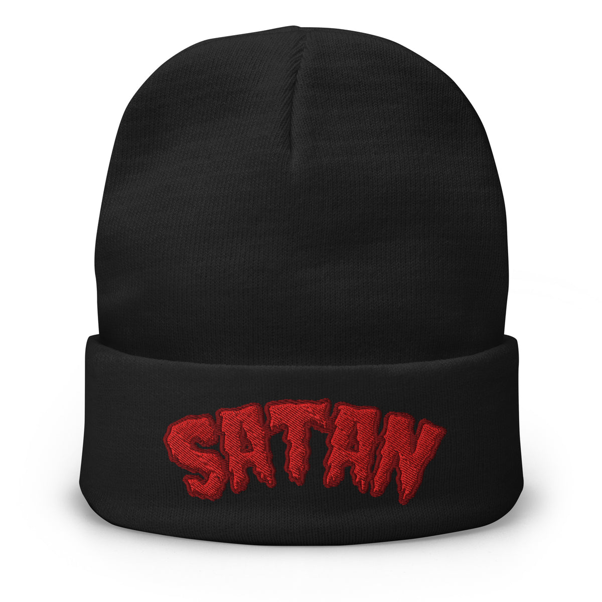 Black cuffed beanie with Satan Blood Drip embroidered artwork, front view