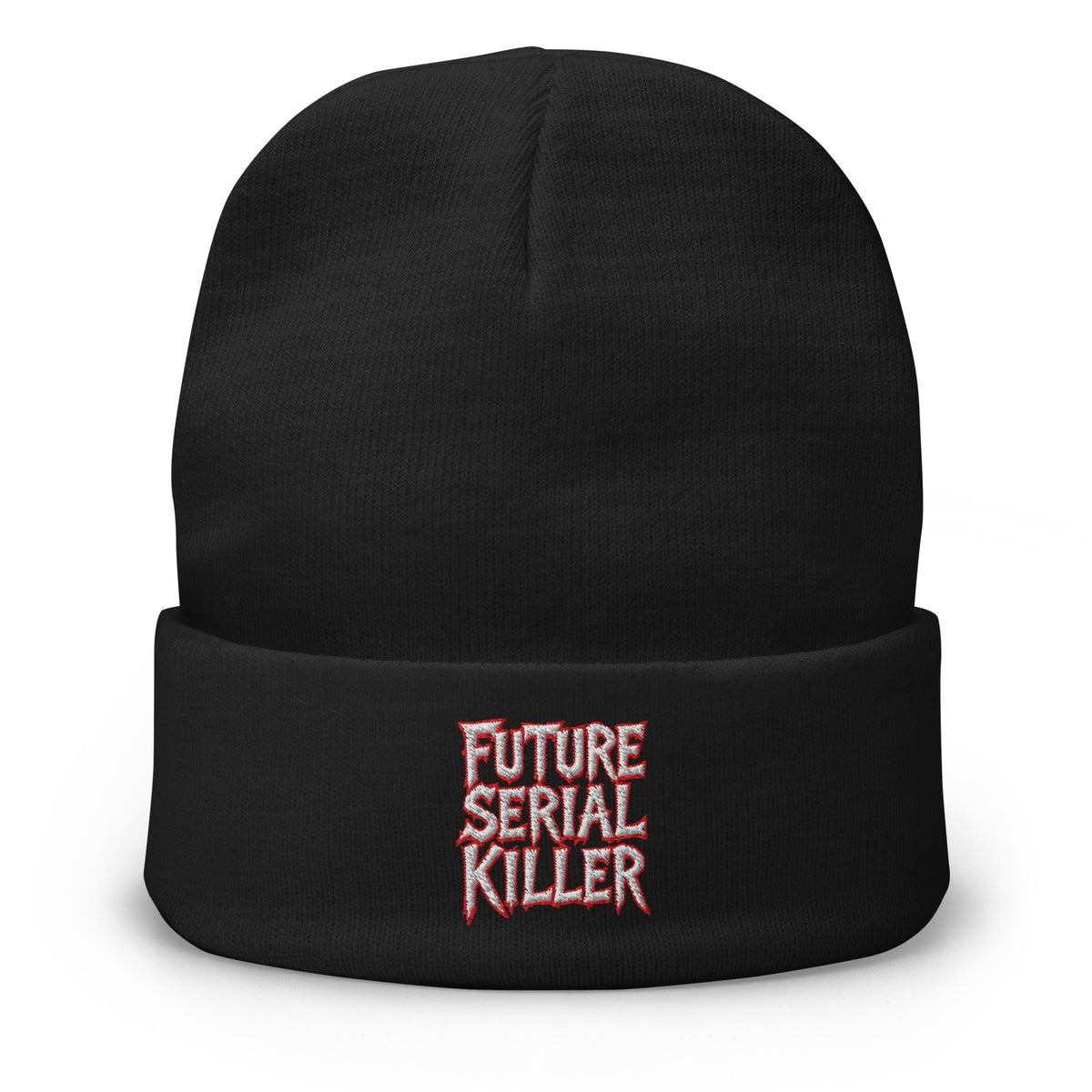 Black cuffed beanie with Future Serial Killer embroidered artwork, front view