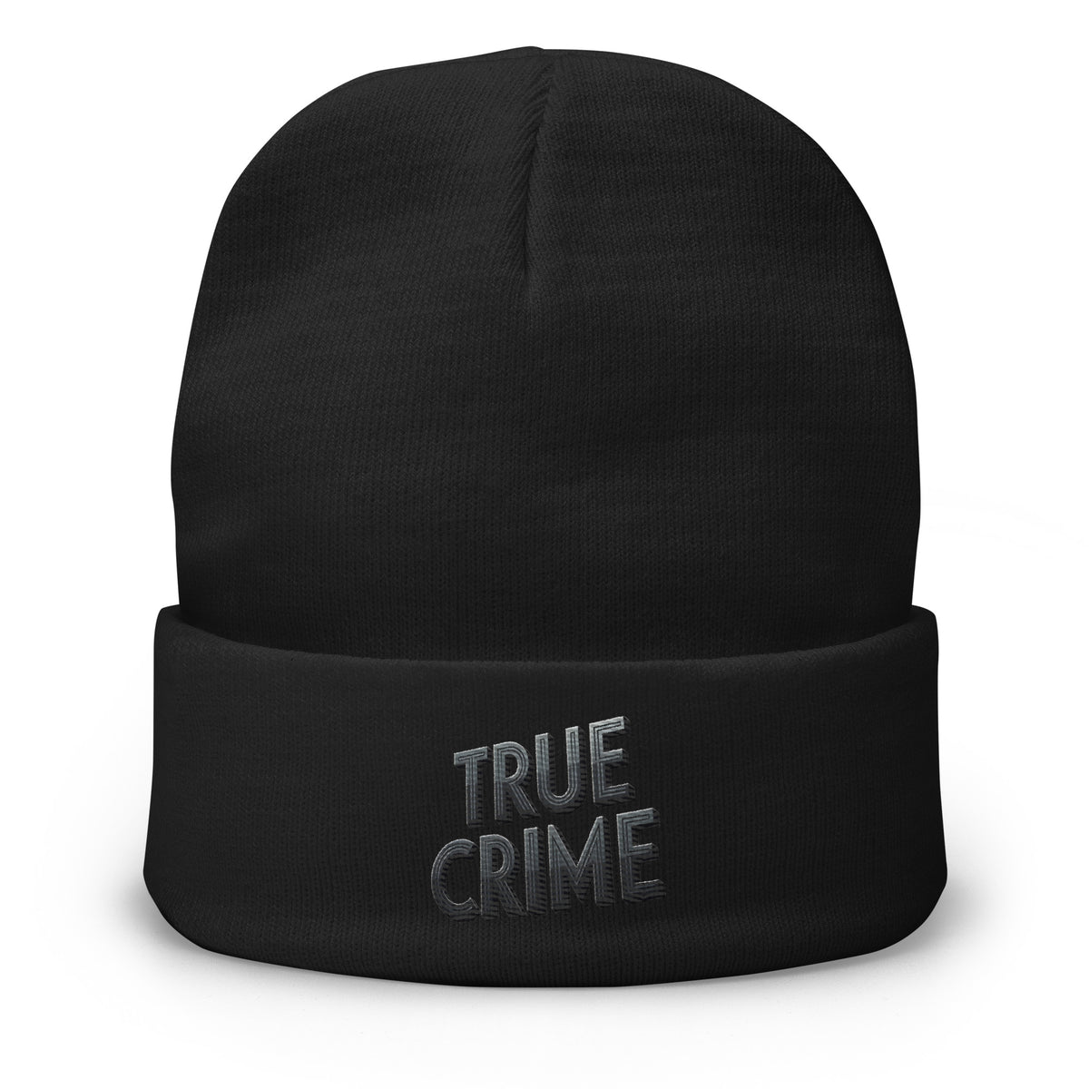 Black cuffed beanie with Detective Style True Crime embroidered artwork, front view