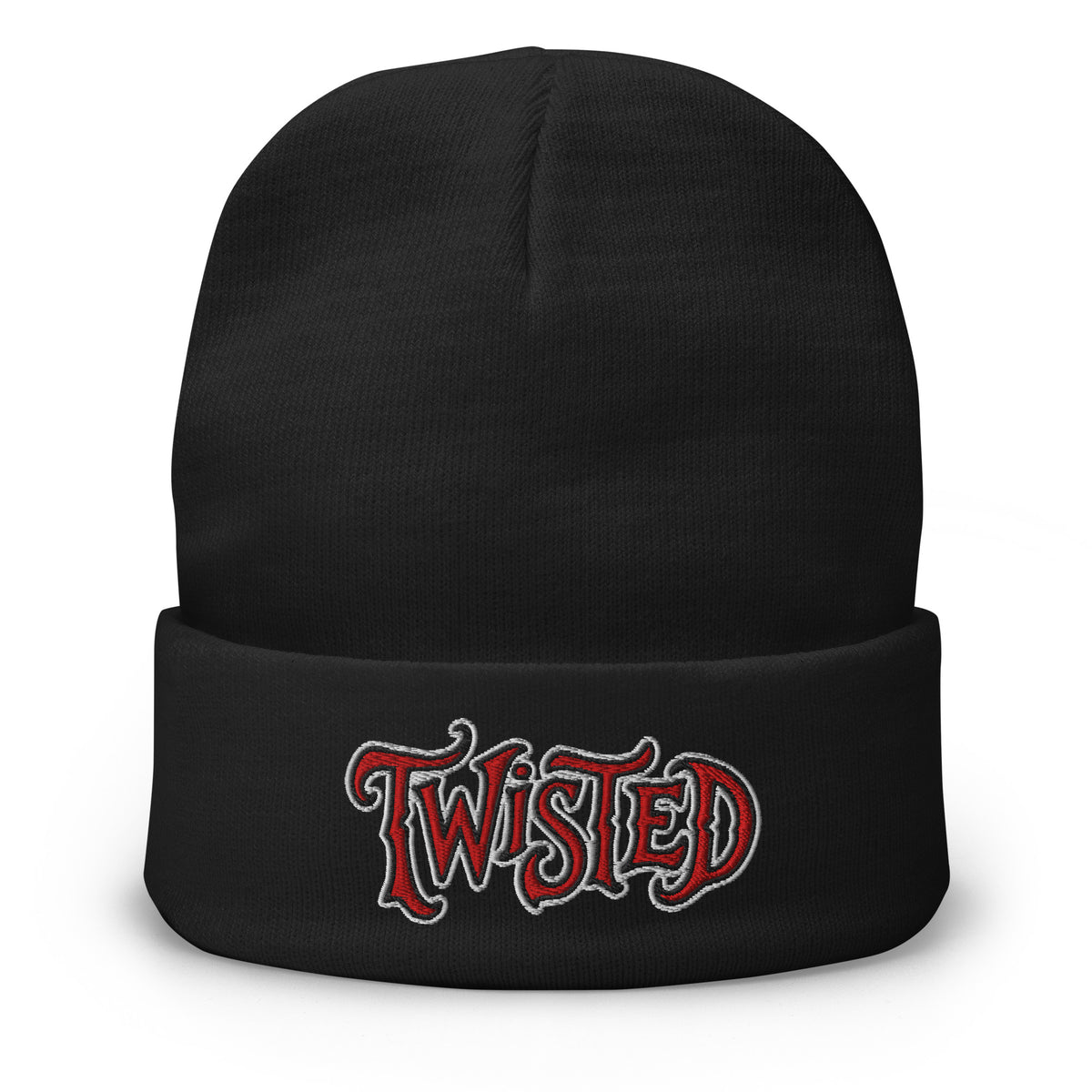 Black cuffed beanie with Twisted Horror Carnival embroidered artwork, front view