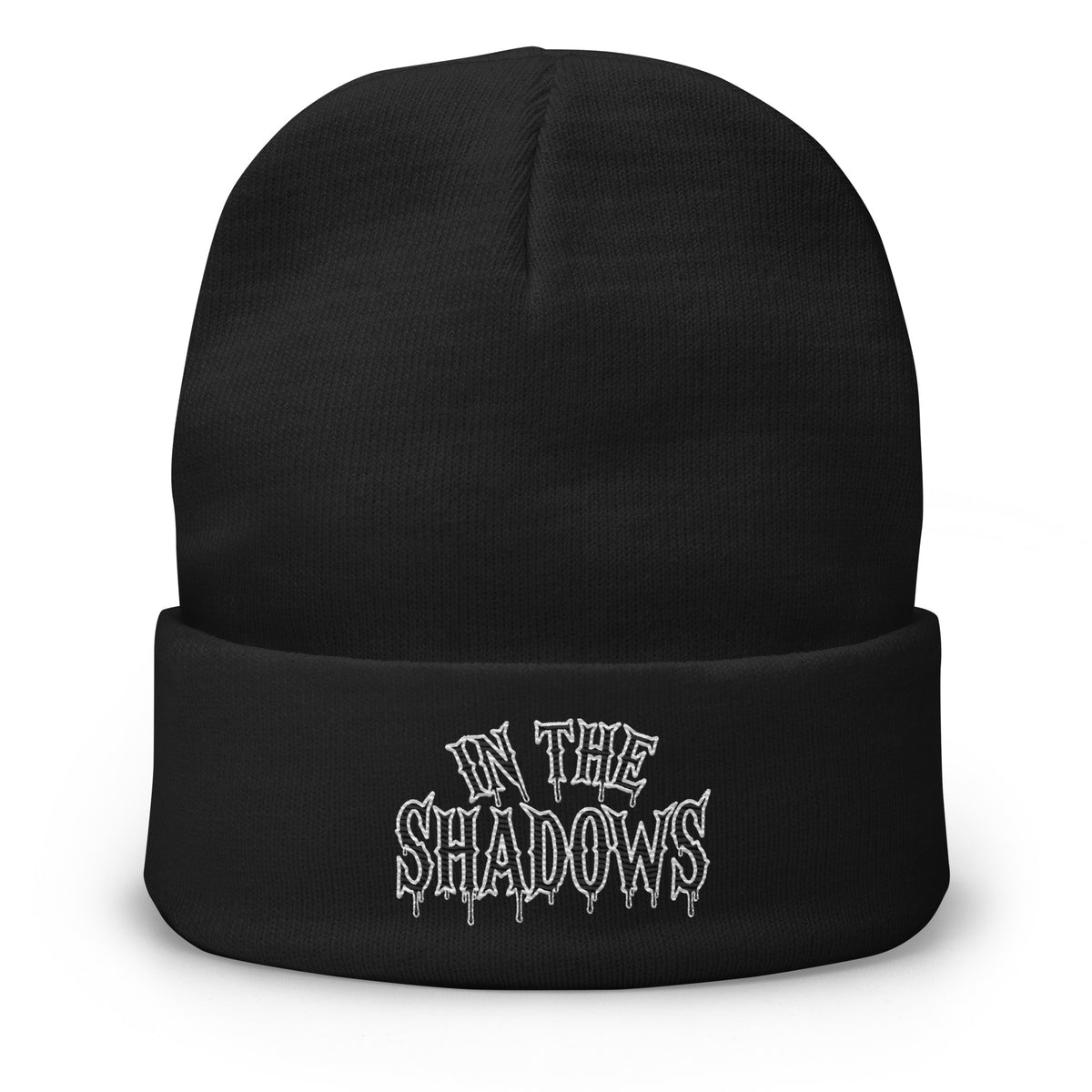 Black cuffed beanie with In The Shadows Horror embroidered artwork, front view