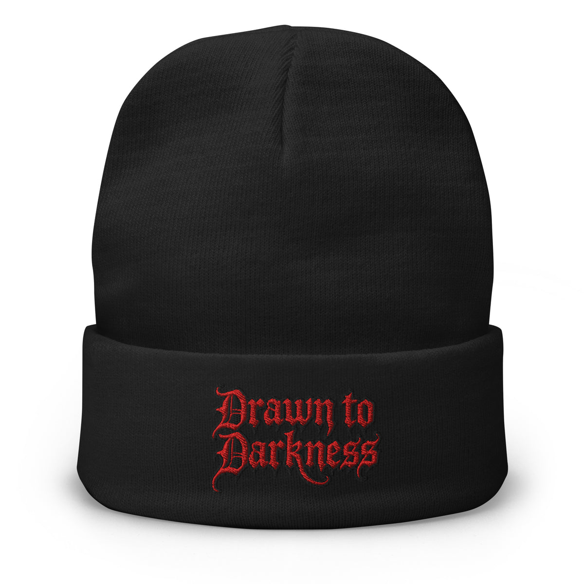 Black cuffed beanie with Drawn to Darkness Horror embroidered artwork, front view