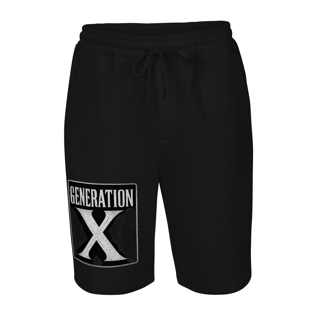 Generation X design on men's fleece shorts, front view
