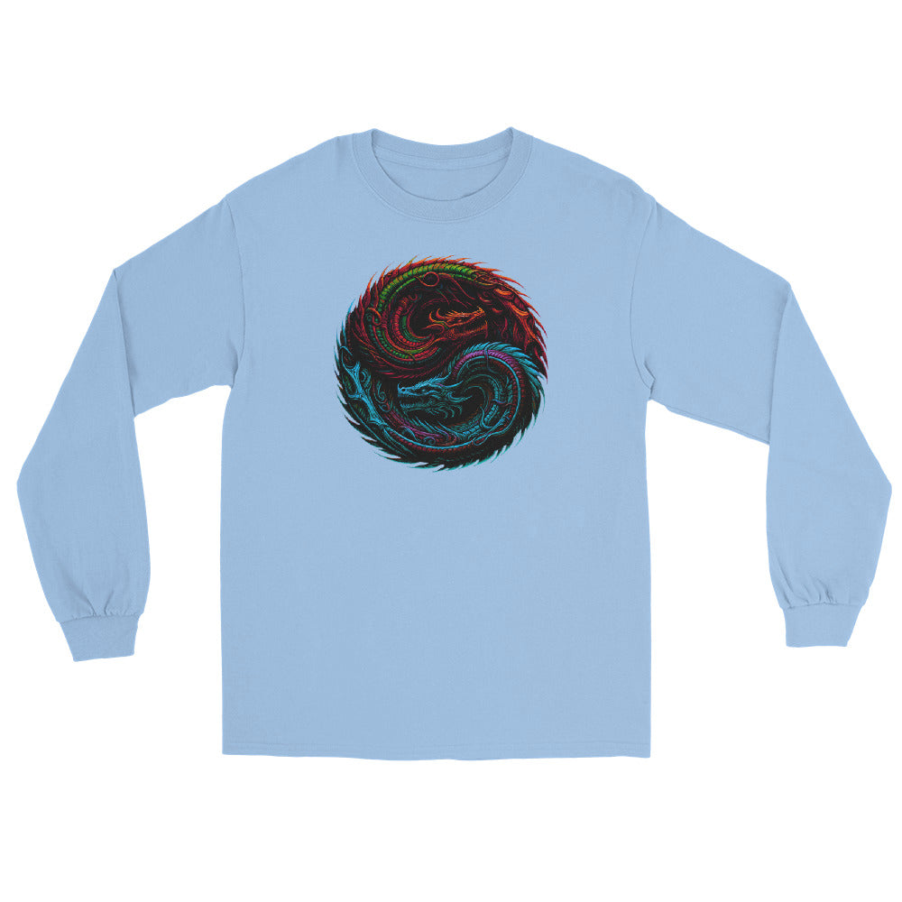 Yin Yang Dragon Fire & Ice design on unisex long sleeve shirt, front view