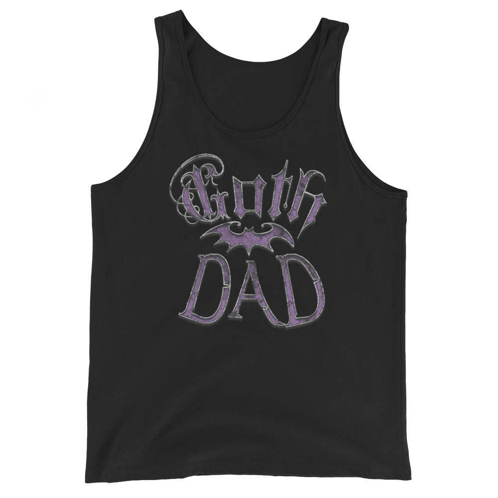 Purple Goth Dad Bat design on men's tank top, front view