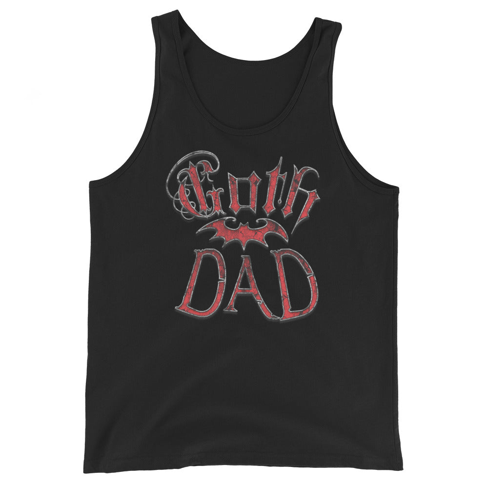Red Goth Dad Bat design on men's tank top, front view