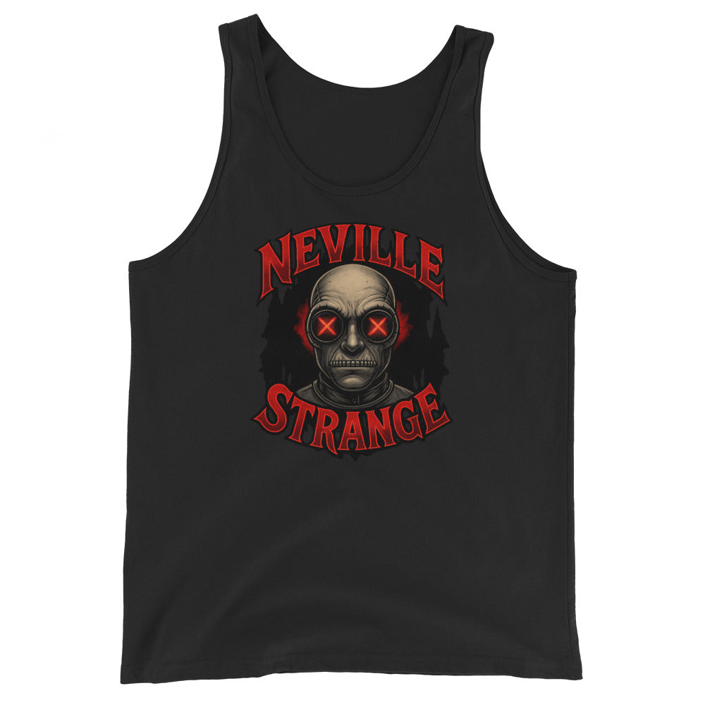 Neville Strange Future Corpses design on men's tank top, front view