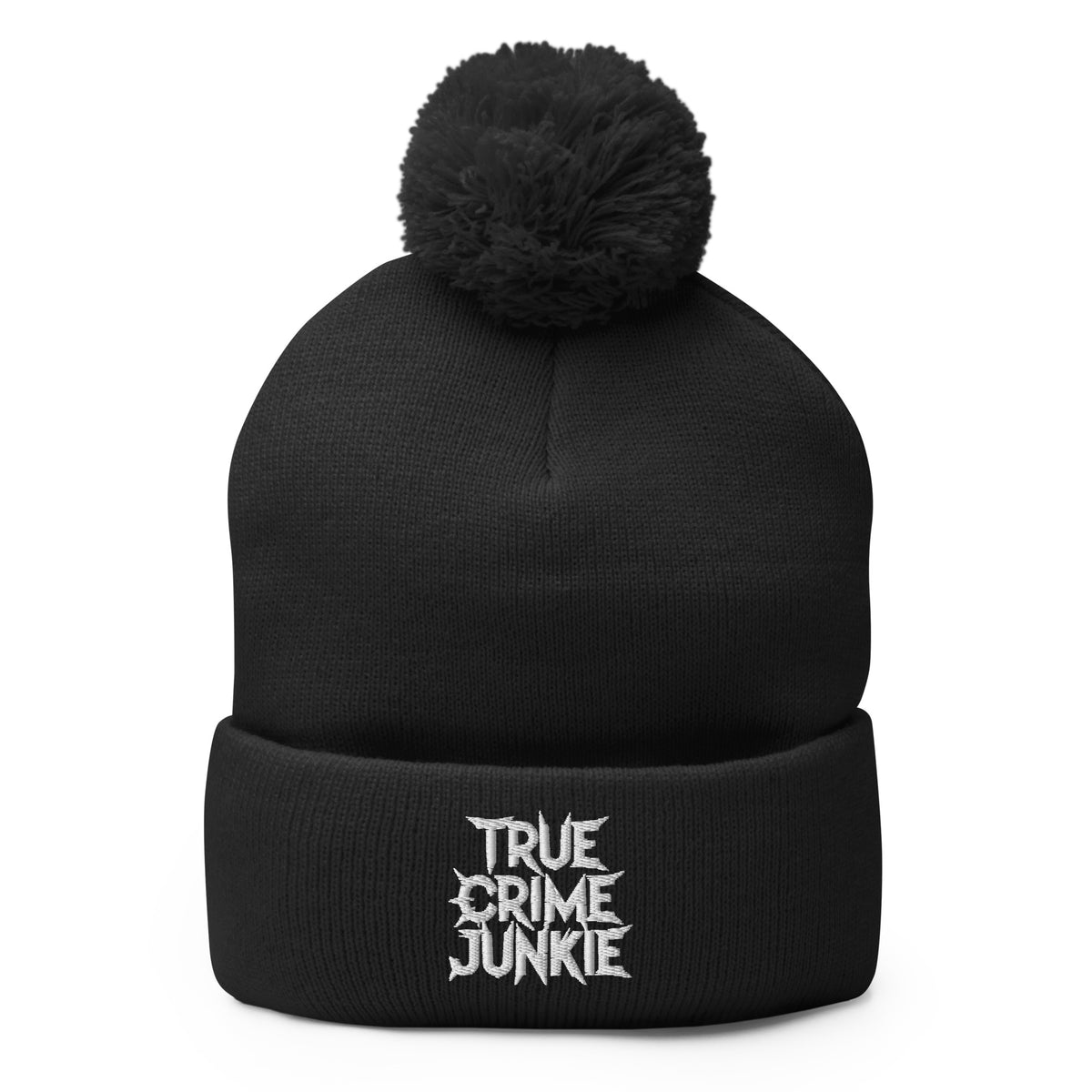 Black pom-pom beanie with True Crime Junkie embroidered artwork, front view