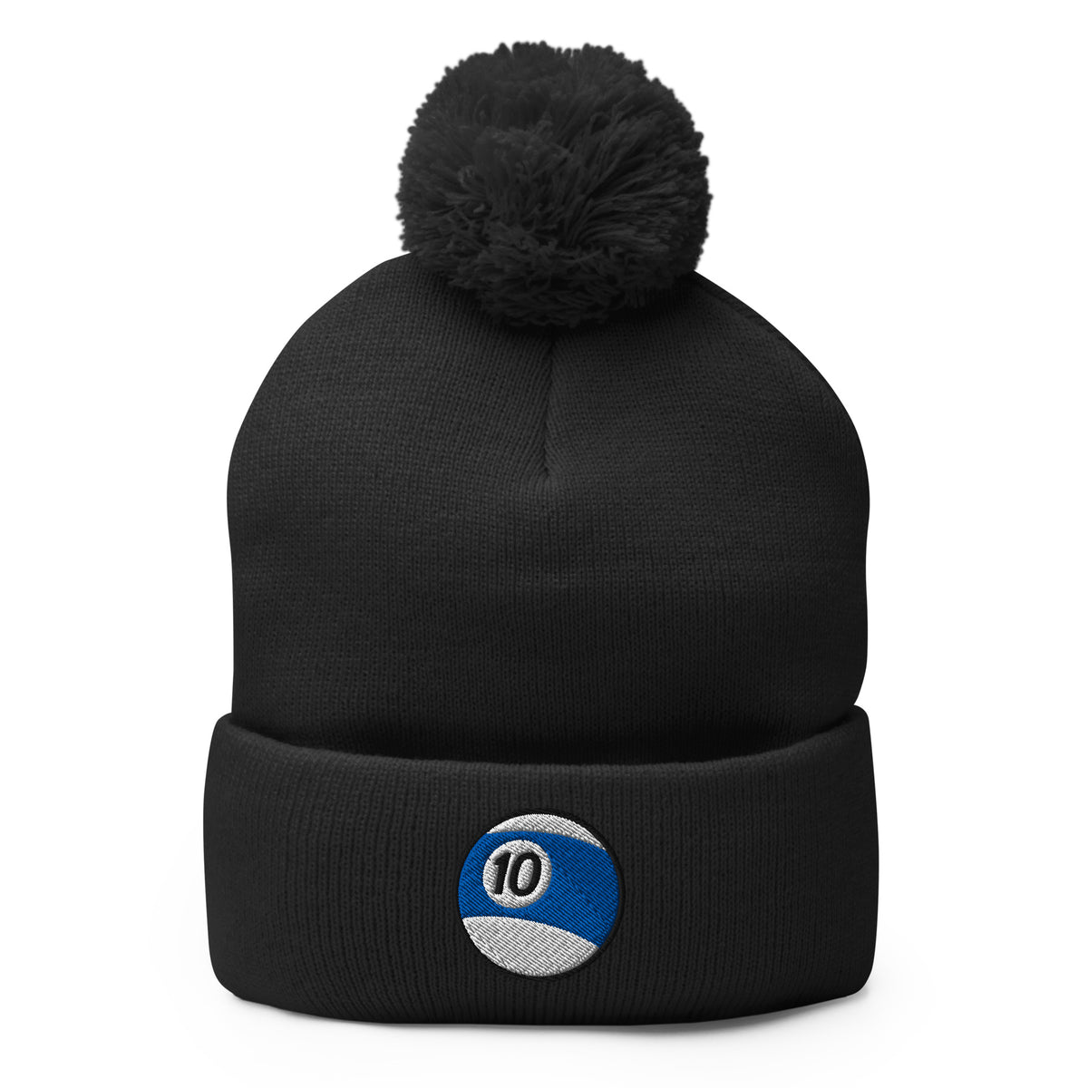 Black pom-pom beanie with 10 Ball Billiards embroidered artwork, front view