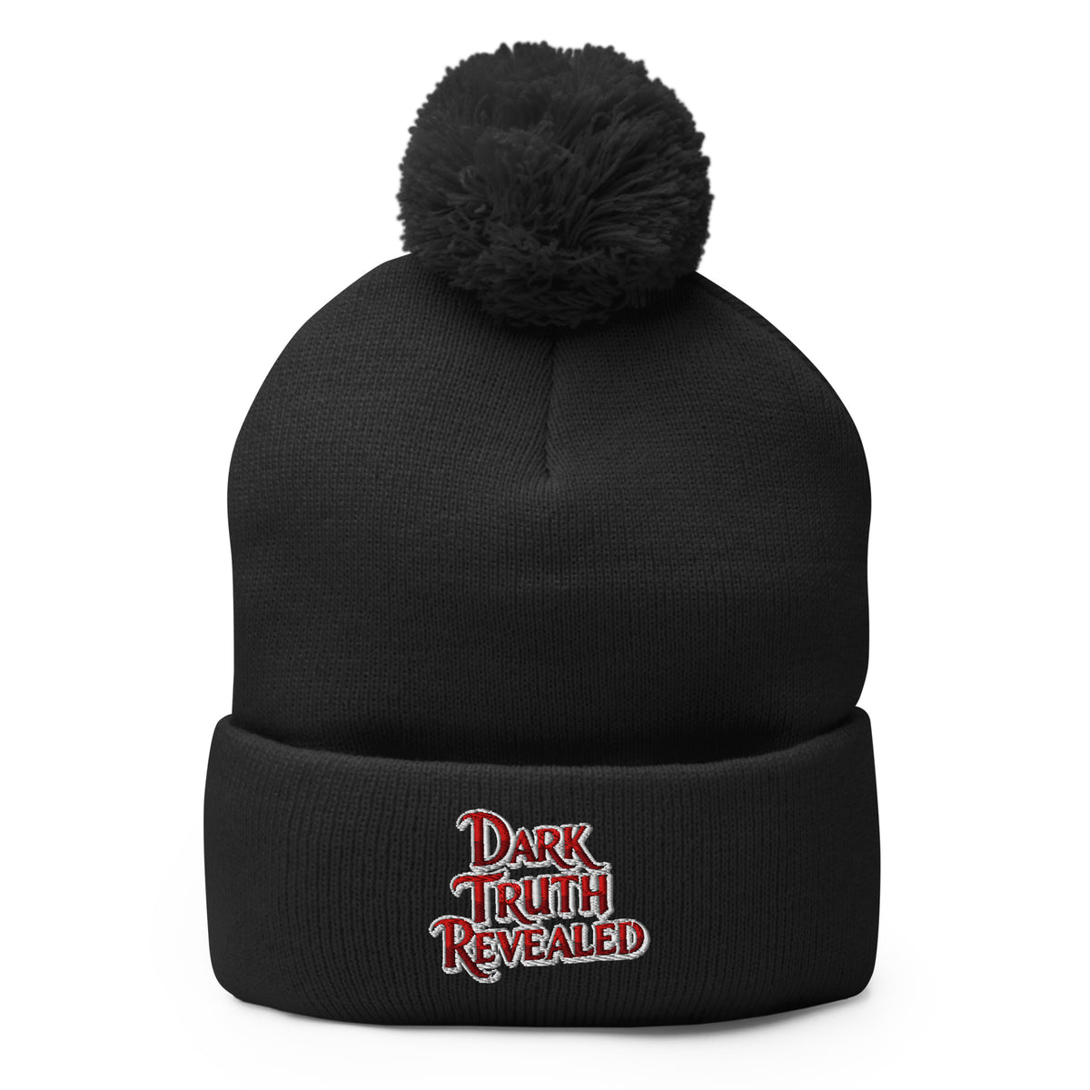 Black pom-pom beanie with Dark Truth Revealed embroidered artwork, front view