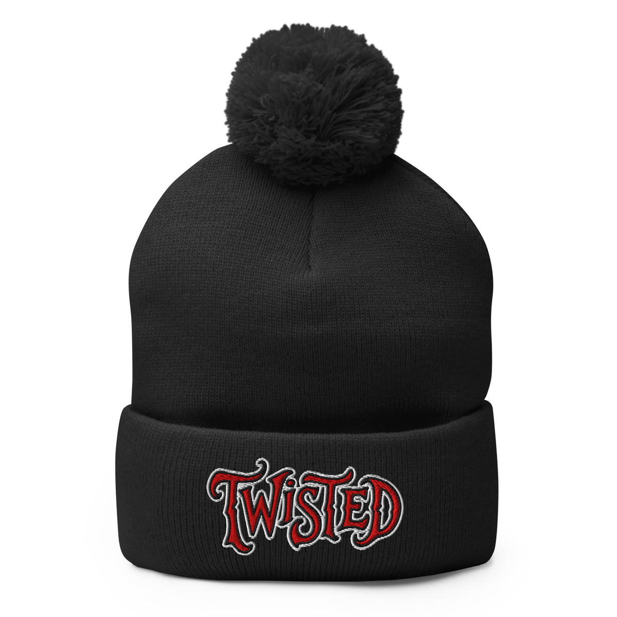 Black pom-pom beanie with Twisted Horror Carnival embroidered artwork, front view