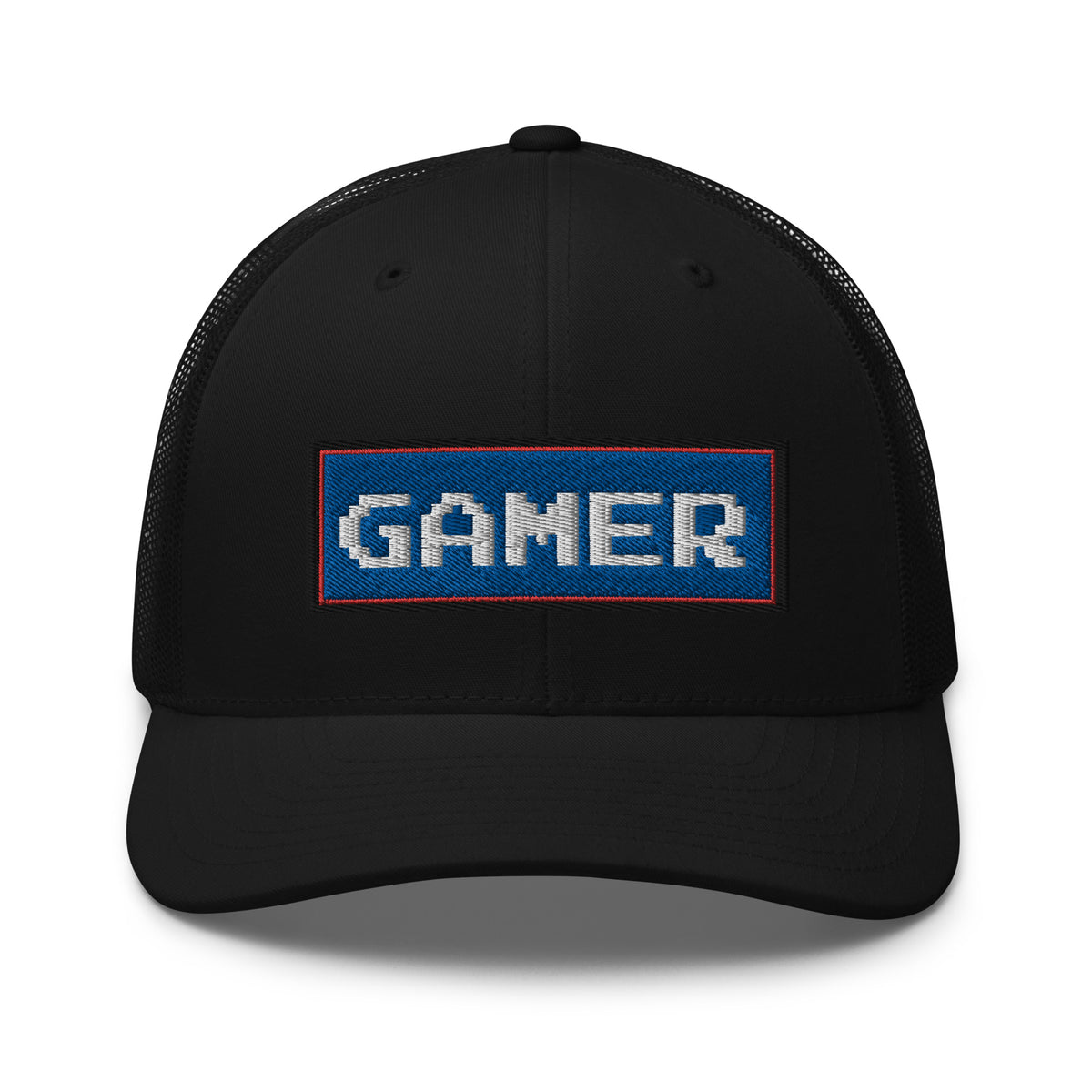 Black trucker hat featuring 80's Retro Style 8 Bit Gamer embroidered artwork, product image 1