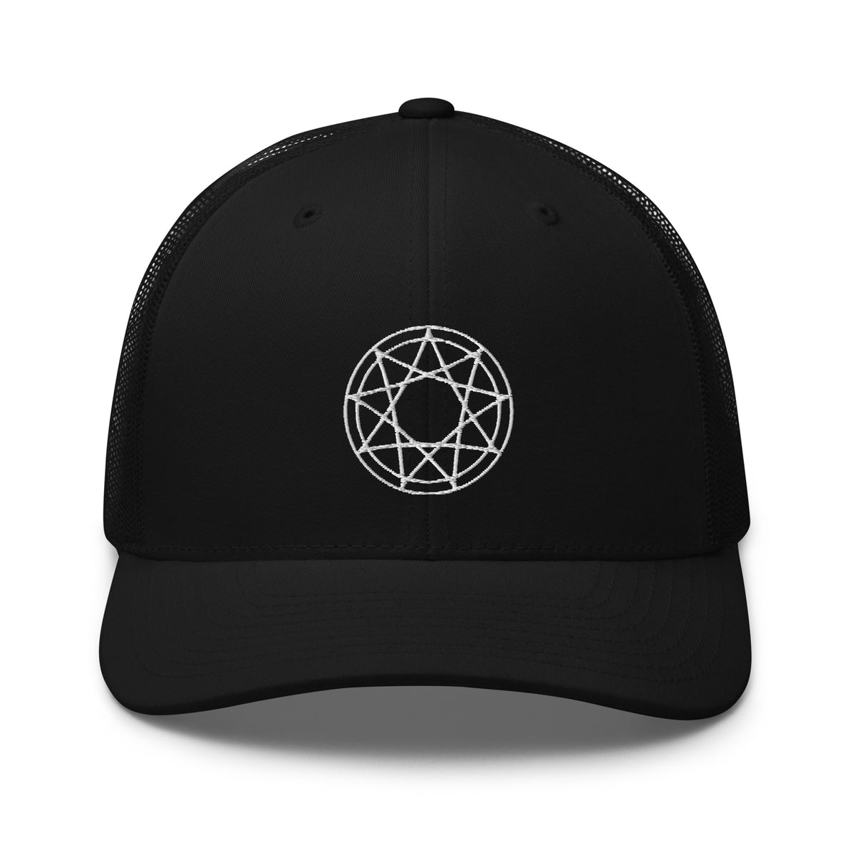 Black/ White trucker hat featuring White 9 Point Star Pentagram Occult Symbol Embroidered Retro embroidered artwork, product image 2