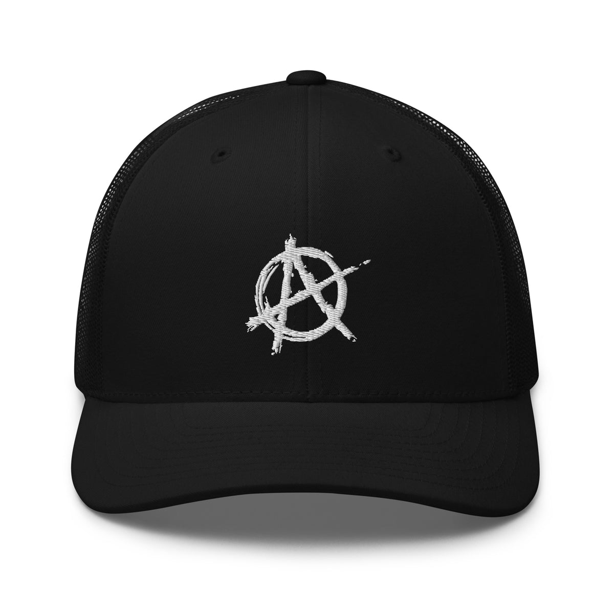 Black/ White trucker hat featuring White Anarchy Sign Punk Rock Chaos Embroidered Retro embroidered artwork, product image 2