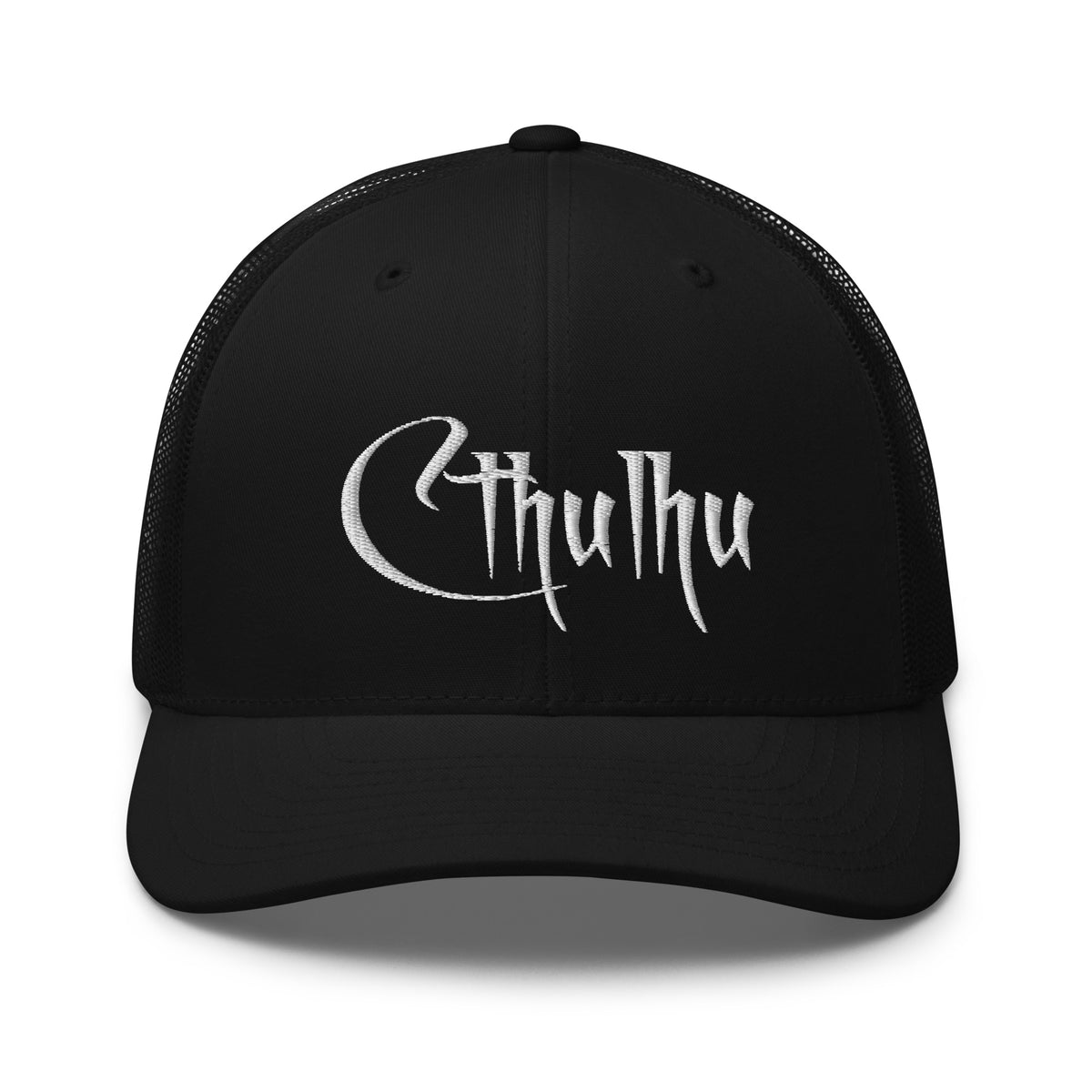 Black/ White trucker hat featuring White Call of Cthulhu Great Old Ones embroidered artwork, product image 2