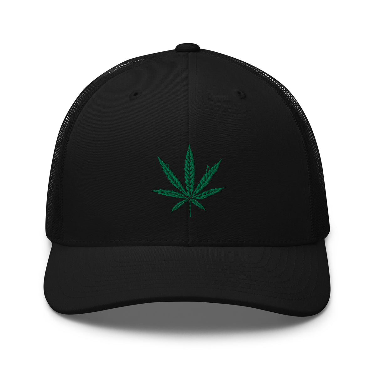 Black/ White trucker hat featuring Cannabis Pot Leaf Marijuana Embroidered Retro embroidered artwork, product image 2