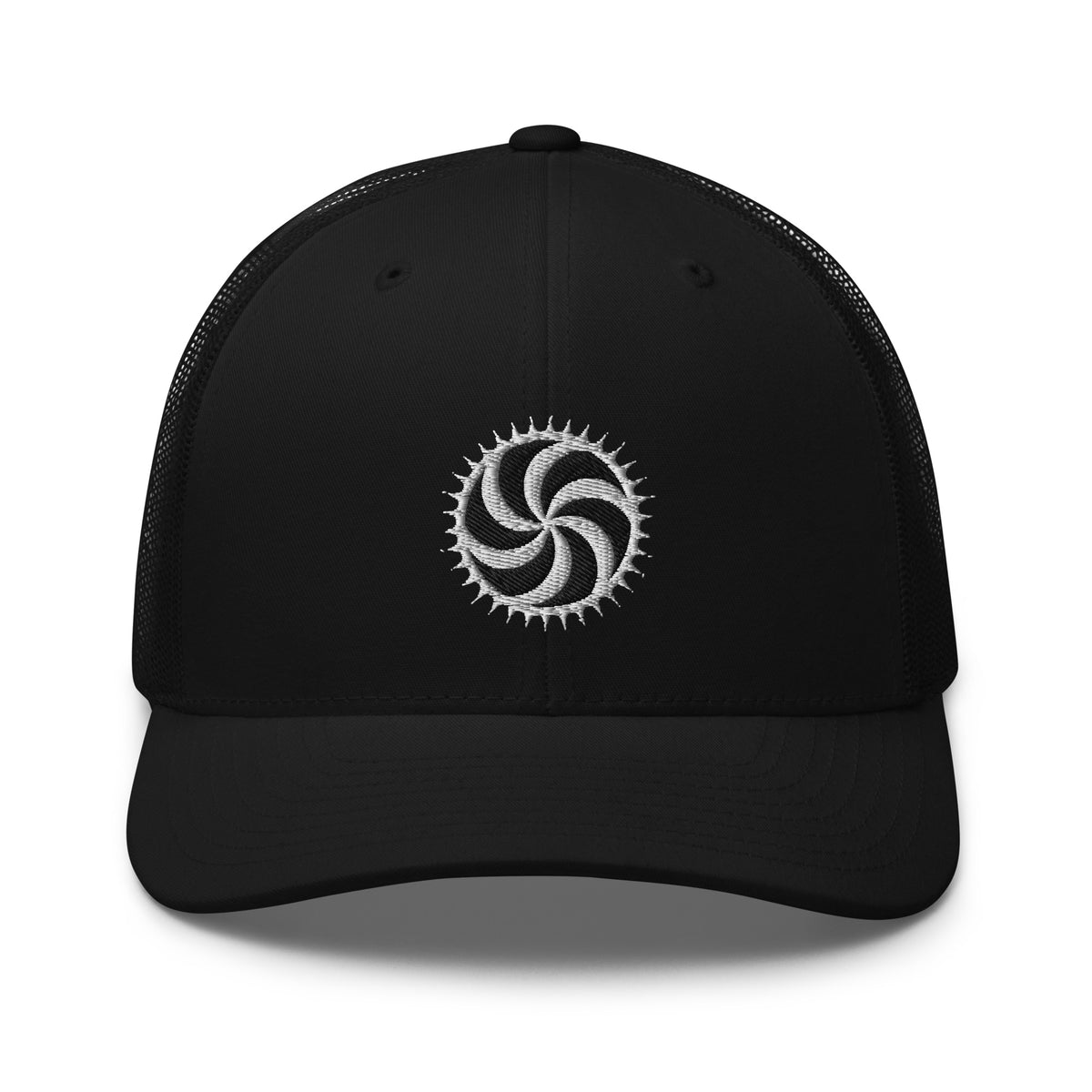 Black/ White trucker hat featuring White Deadly Swirl Spike Symbol embroidered artwork, product image 2