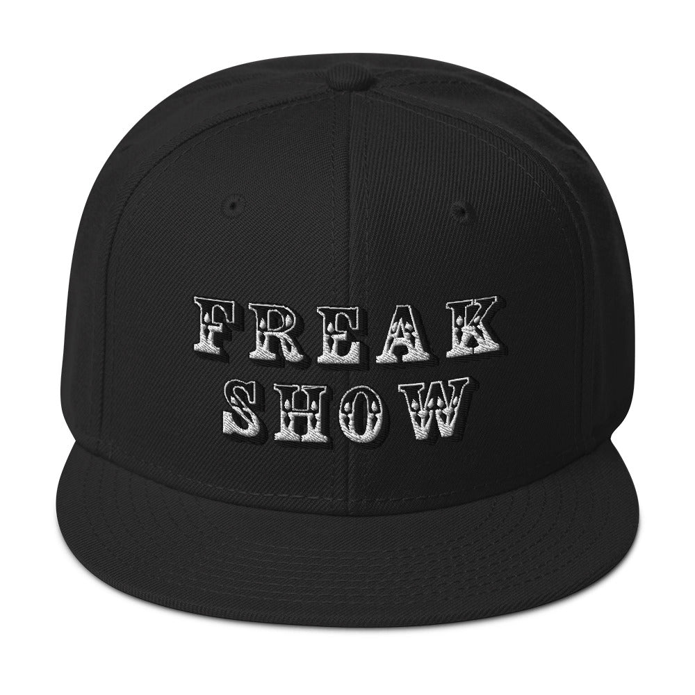 White Circus Freak Show Embroidered Flat Bill Cap embroidered snapback hat, product image 4